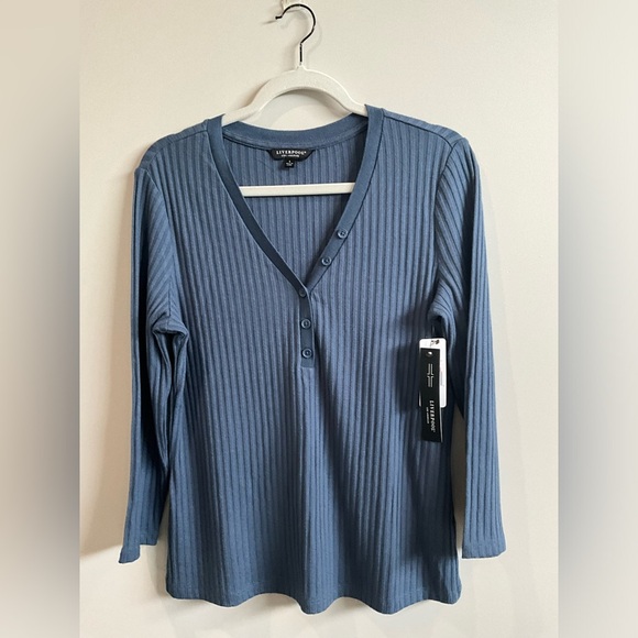 Liverpool Blue Ribbed 3/4 Sleeve Blouse size large NWT PTP 20 - Picture 1 of 3
